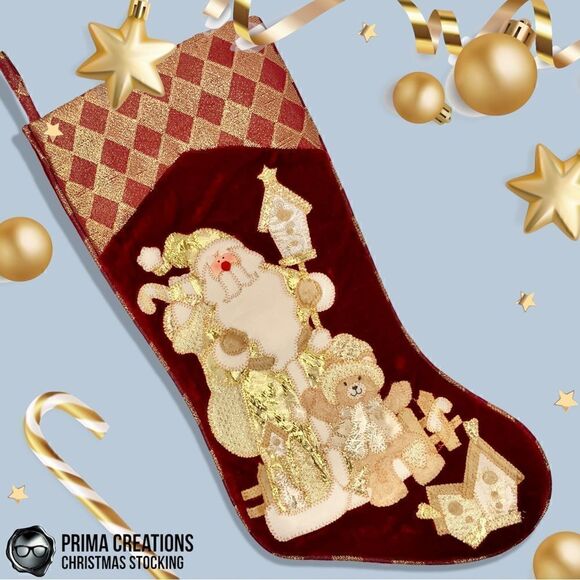 VINTAGE CHRISTMAS STOCKING FELT APPLIQUÉD SANTA & GIFTS ON VELVET IN RED & GOLD - Picture 1 of 13